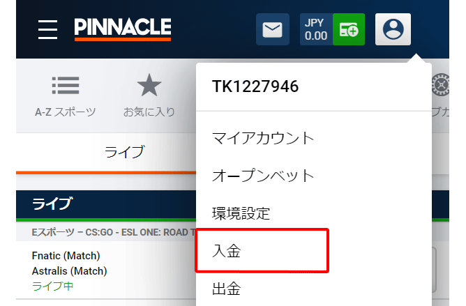 Pinnacle（ピナクル）へ入金-入金画面に移動