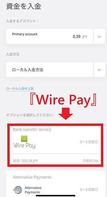 wire payを選択