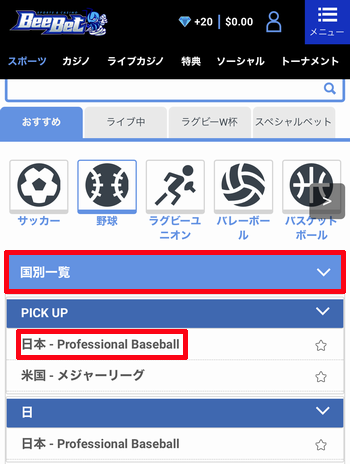 日本プロ野球を選択