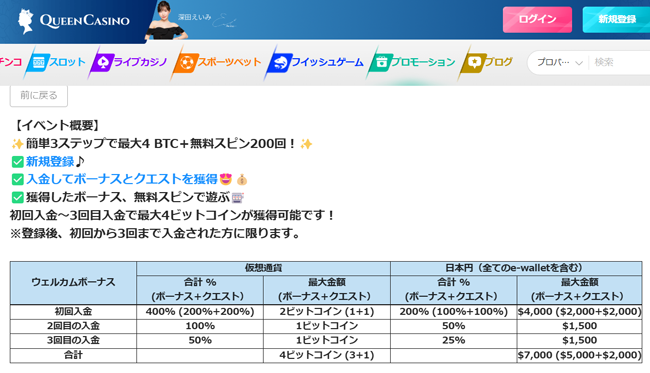 クイーンカジノ初回入金ボーナスPCでの表