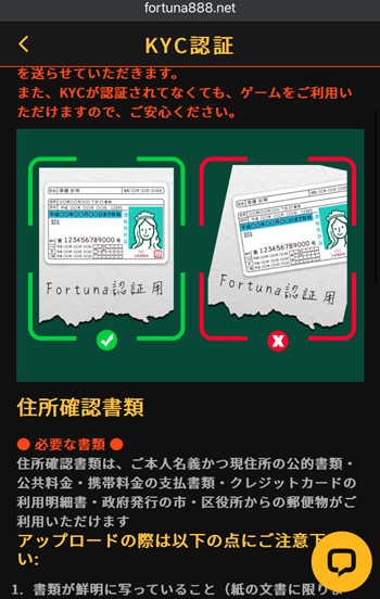 フォルトゥナカジノ本人確認身分証サンプル