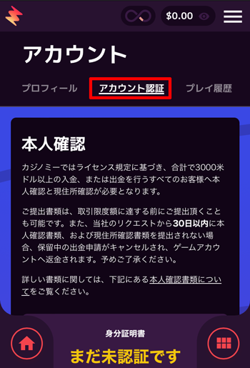 カジノミーKYCアカウント認証タブ